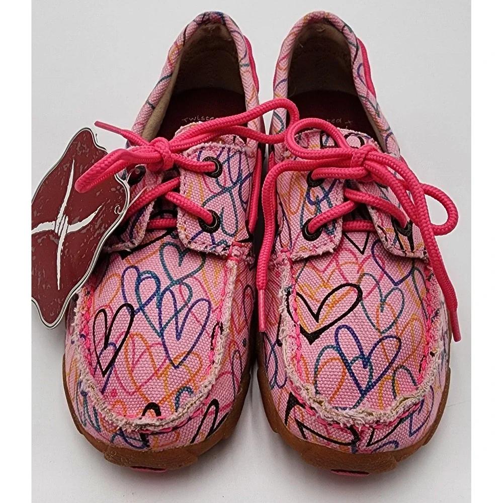 Twisted X Pink Canvas Boots Loafers Kids 1M Heart Print NWT YDM0034 EXC